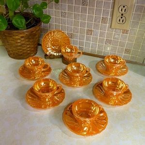 Vintage‎ Fire King Peach Lustre set of 7 mini tea cups & saucers 14 pieces